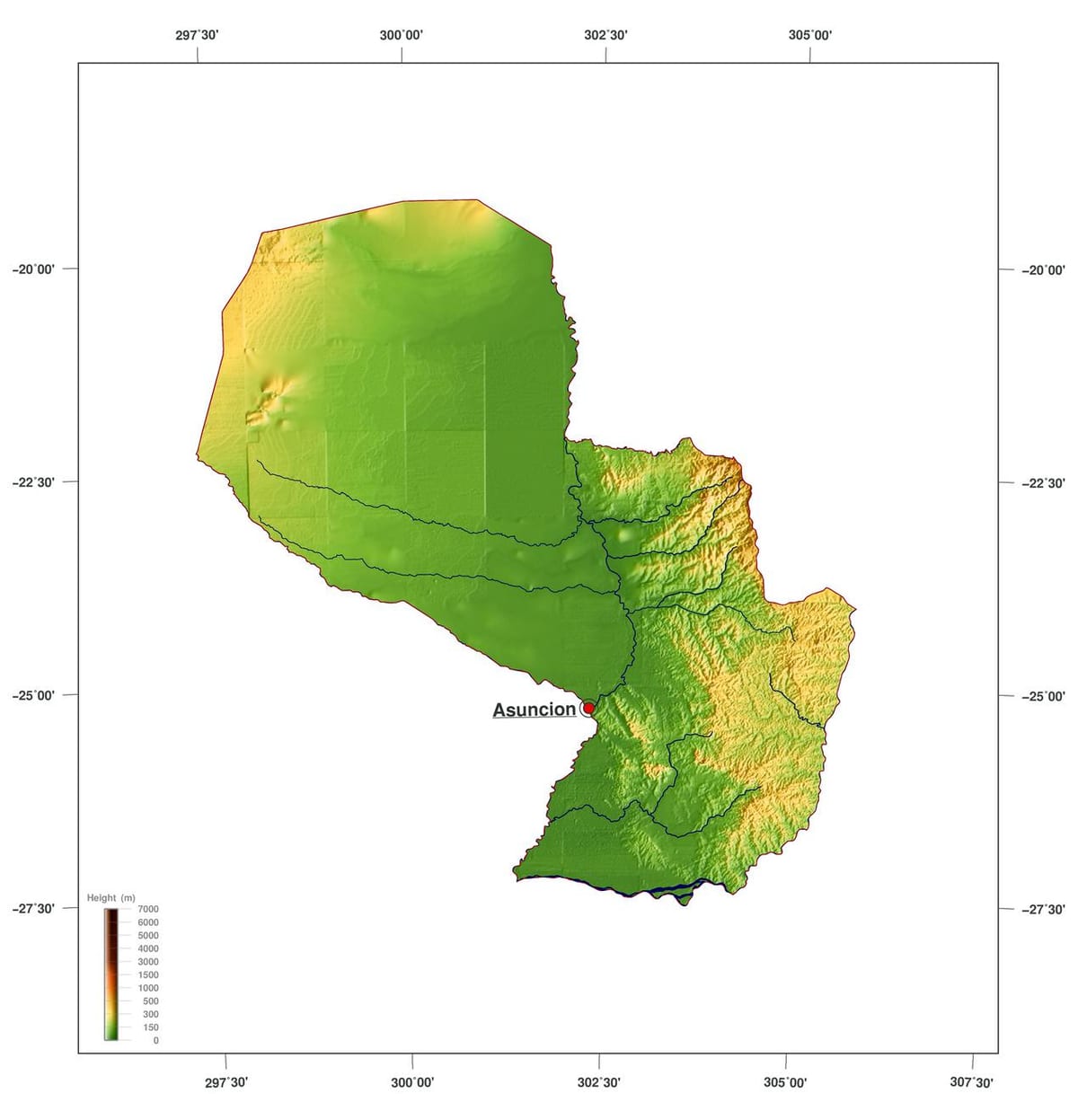 Kaart füüsilise Paraguay